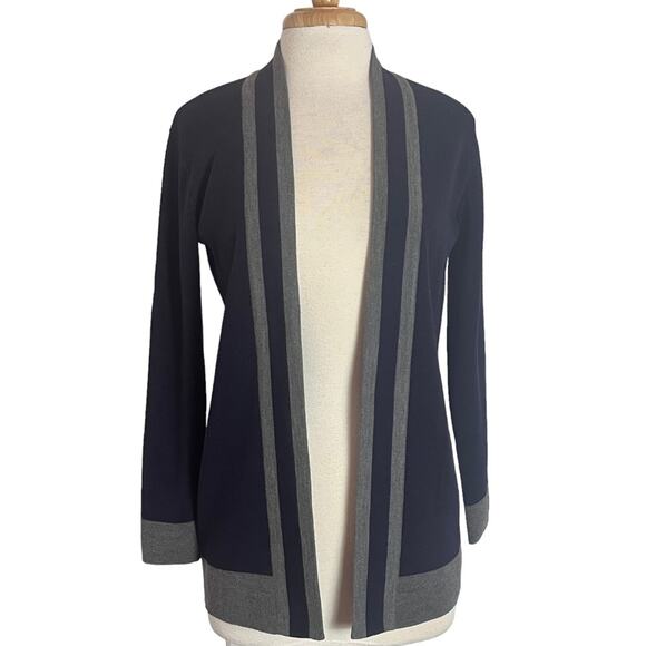 Talbots Merino Wool Open Cardigan Sweater Womens Small Petite Navy Grey Nautical - Picture 2 of 12